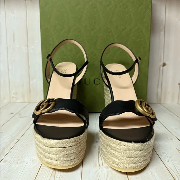 Gucci Nappa Matelasse GG Marmont Platform Espadrille Wedges Black Sz 41.5 / 11.5 - Picture 5 of 11